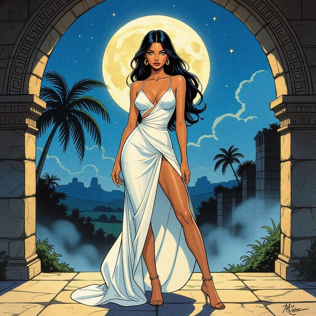 A tall young woman stands confidently on a stone terrace under moonlight. She wears a flowing white dress that accentuates her graceful figure. The background features stylized palm trees and misty ruins. The moon glows softly, illuminating the scene. Her eyes have a vivid, glowing quality.