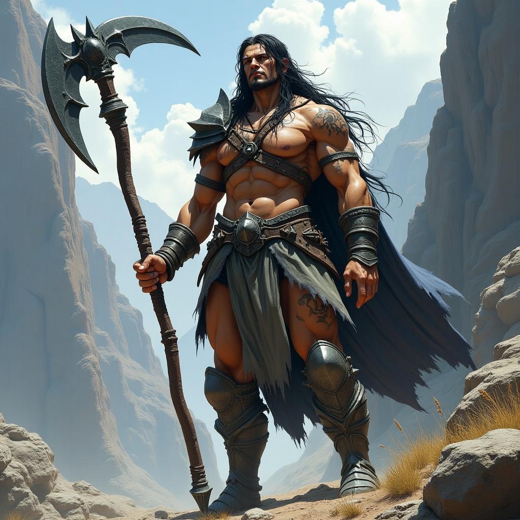 DND art featuring a large goliath fighter wielding a large scythe. Character is muscular with long hair, showcasing battle gear. Mountainous landscape in background.