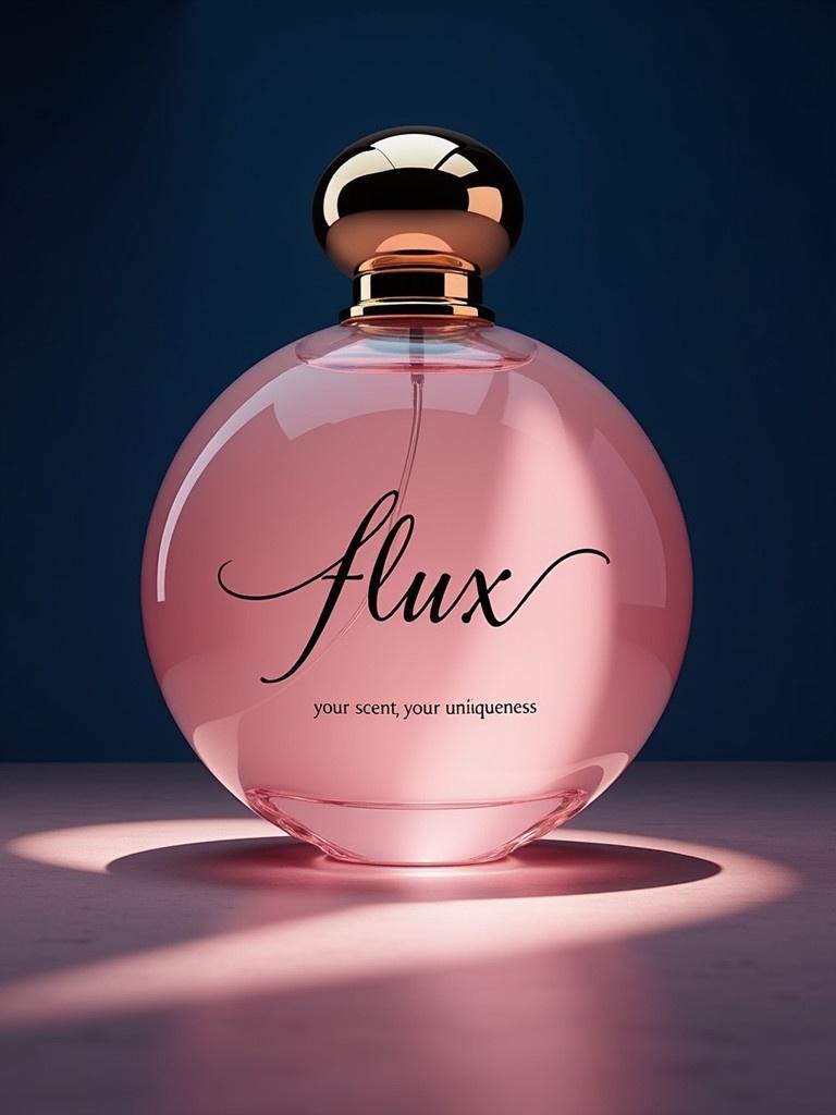 Showcase a sophisticated perfume bottle labeled 'flux'. The bottle design is circular and pink with a gold cap. Tagline 'your scent, your uniqueness' is elegantly inscribed. Dramatic lighting enhances the luxurious appearance of the bottle. Color scheme blends pastel pink and navy blue.