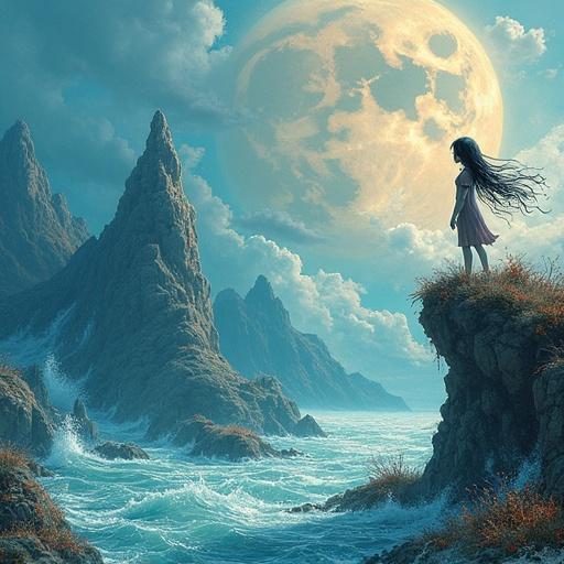 A surrealist painting in anime style featuring a girl standing on a cliff over looking a vast ocean under a glowing moon. The landscape includes rocky mountains and water in a dreamy setting.