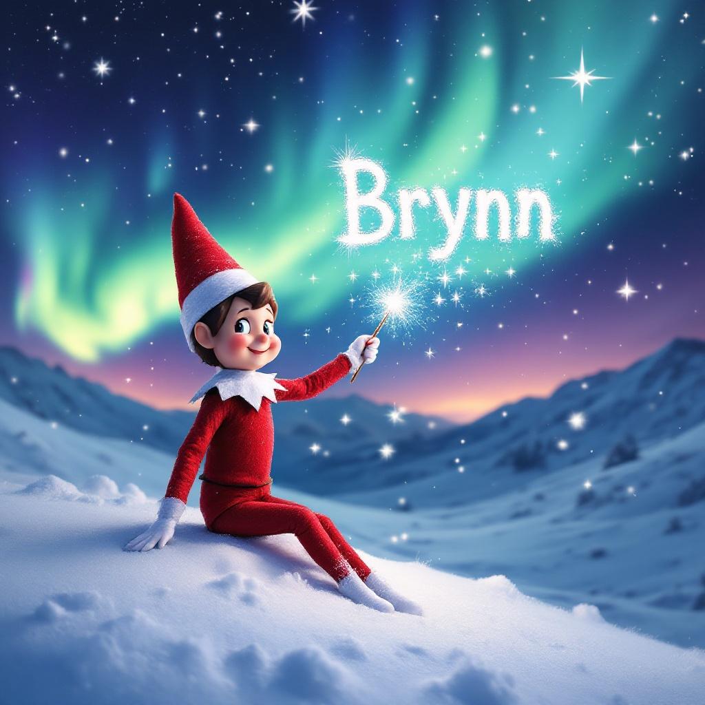 A snowy winter landscape with a starry night sky featuring northern lights. The elf character dressed in red and white sits on the snow. He holds a magic wand with stars. The name 'Brynn' appears in glowing letters. Soft snowflakes fall around him, creating a magical holiday scene.