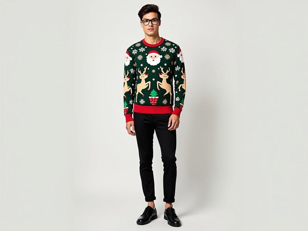 A person wearing a festive Christmas sweater that features cheerful designs such as snowmen, Santa Claus, reindeer, and snowflakes on a dark green background. They are also wearing stylish black pants paired with black shoes, creating a cohesive holiday outfit. In addition, the outfit is complemented by a sleek pair of glasses that add a touch of sophistication. The individual stands confidently with a neutral expression, showcasing their joyful Christmas spirit through the vibrant colors of their clothing. The background is plain, ensuring all focus remains on the holiday attire.