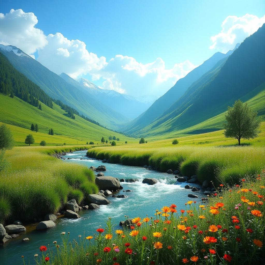 This image depicts a stunning valley surrounded by majestic mountains. A clear river flows gently through the scene, bordered by vibrant wildflowers of orange and yellow. The sky is bright with fluffy white clouds, adding to the serene atmosphere. The lush green grass stretches across the landscape, showcasing the beauty of nature. This picturesque setting invites viewers to appreciate the tranquility of outdoor environments.