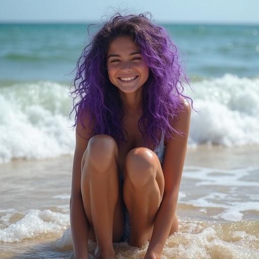 Young woman sits by the ocean surf. She has long curly frizzy purple hair and a glowing smile. The beach surrounds her with gentle waves. The setting is bright and inviting.