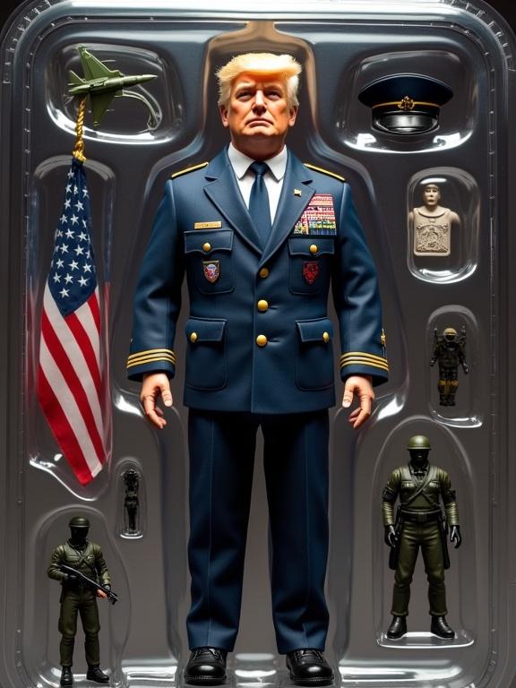 Action figure styled as Donald Trump in military uniform. Package includes American flag. Accessories of tank and soldier figures. Professional lighting. Background simulates toy packaging design.
