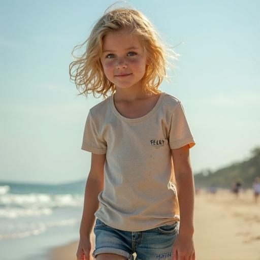 Young girl with medium blonde hair and green eyes walks on a beach. She wears a t-shirt and shorts. Skin features freckles. The scene captures a warm, sunny day.