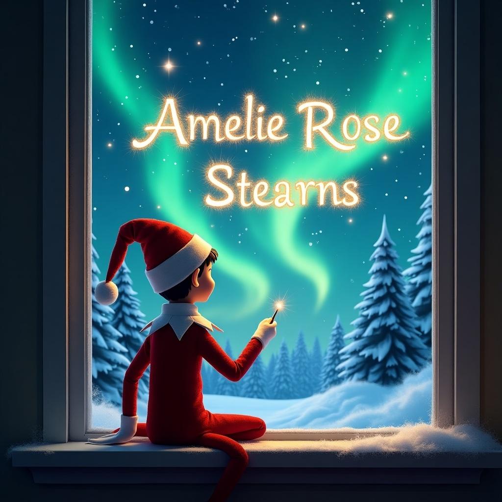 The image depicts an elf on the shelf, sitting with his back to the viewer. He faces a window under a magical night sky filled with northern lights. Using a wand, the elf creates the name 'Amélie Rose Stearns' in sparkling letters across the sky. The background showcases a serene winter scene with snow-covered trees. This enchanting setting evokes a festive atmosphere, perfect for the holiday season. The elf is engaged in a special moment, making it a heartwarming holiday portrayal.