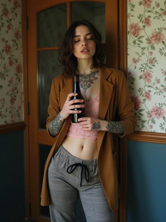 Photograph features a heavily tattooed woman in an intimate setting. She holds a glass bottle close to her chest. The room has floral wallpaper with a contrasting blue lower wall. Lighting is soft and warm. Her expression shows relaxed sensuality. Outfit is casual with pink lace, oversized tan blazer, and gray plaid pants.