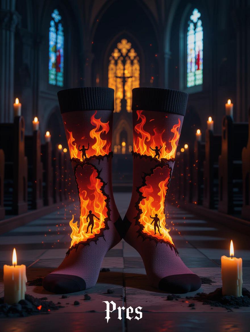 Ankle socks show hellish portals. Flames emerge from sock openings. Demonic silhouettes float in fiery background. Worn in a dark gothic cathedral. Candlelight creates ominous shadows. Low angles and chiaroscuro lighting enhance horror elements.