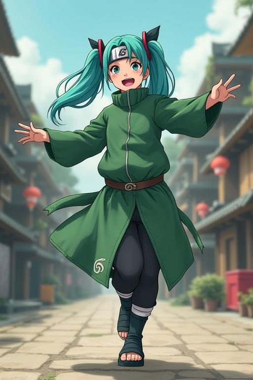 Hatsune Miku styled as a ninja from Naruto. Wearing a Hidden Leaf Village ninja outfit. Dancing in the streets of a village. Wearing a ninja headband. Bright atmosphere in a cheerful setting.