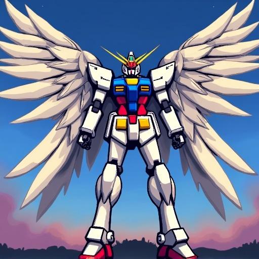 Gundam Wings depicted as pixel art. Features large wings. Standing against a sunset. Emphasizes the robotic design with clean lines and bold colors.