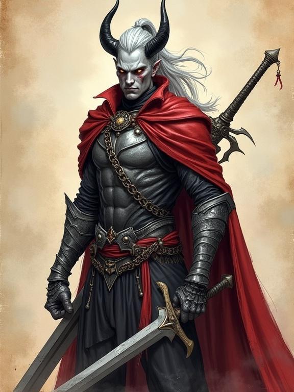 Pen sketch of a tall imposing male tiefling paladin with ash-gray skin and glowing amber eyes. Long silver hair tied back in high ponytail, sleek black horns arching backward. Stern expression with two thin scars on cheekbones. Wearing chainmail and dark crimson cloak. Stance is noble, like a duelist ready to strike. Holding a longsword. Stylized with visible pencil strokes, matte shading, non-photorealistic. Background styled like ancient parchment, Arcane x Klaus style fusion.
