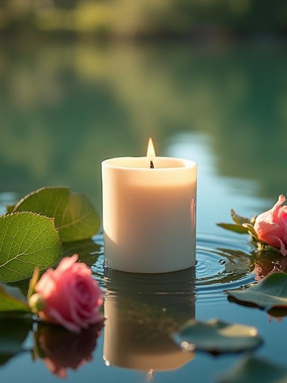 Product photography of a ceramic candle in a serene lake. Surrounded by rose and green leaves. Natural sunlight casts soft shadows on the candle. Reflections of the sky and trees create tranquility. Shot with a Canon EOS R5 camera and macro lens for details.