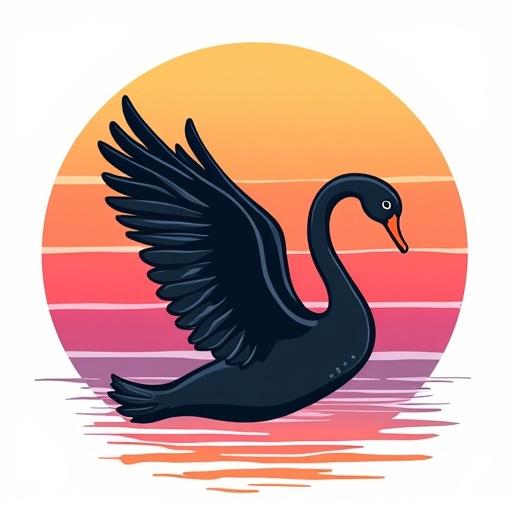 A cartoon-style black swan flies gracefully. Bold outlines with exaggerated curves feature the swan's wings that are elegantly spread. Detailed feather patterns add a cartoonish flair. A vibrant retro sunset creates a warm gradient. Deep orange soft pink and subtle purple fade into each other. The sunset background has horizontal stripes. The design is clean and centered on a white background making it ideal for printing.