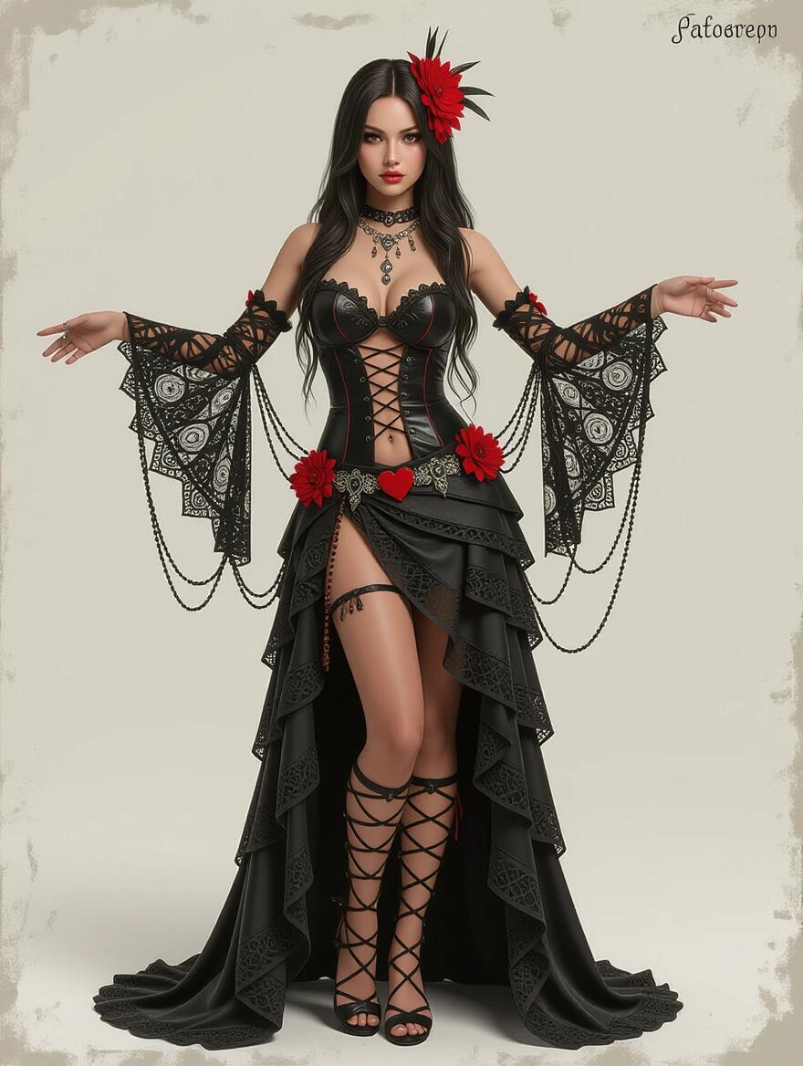 3D character in gothic style. Full body view of a woman wearing a glamorous dark outfit. Black dress with red accents. Accessories include jewelry and flowers. Mixed media art style.