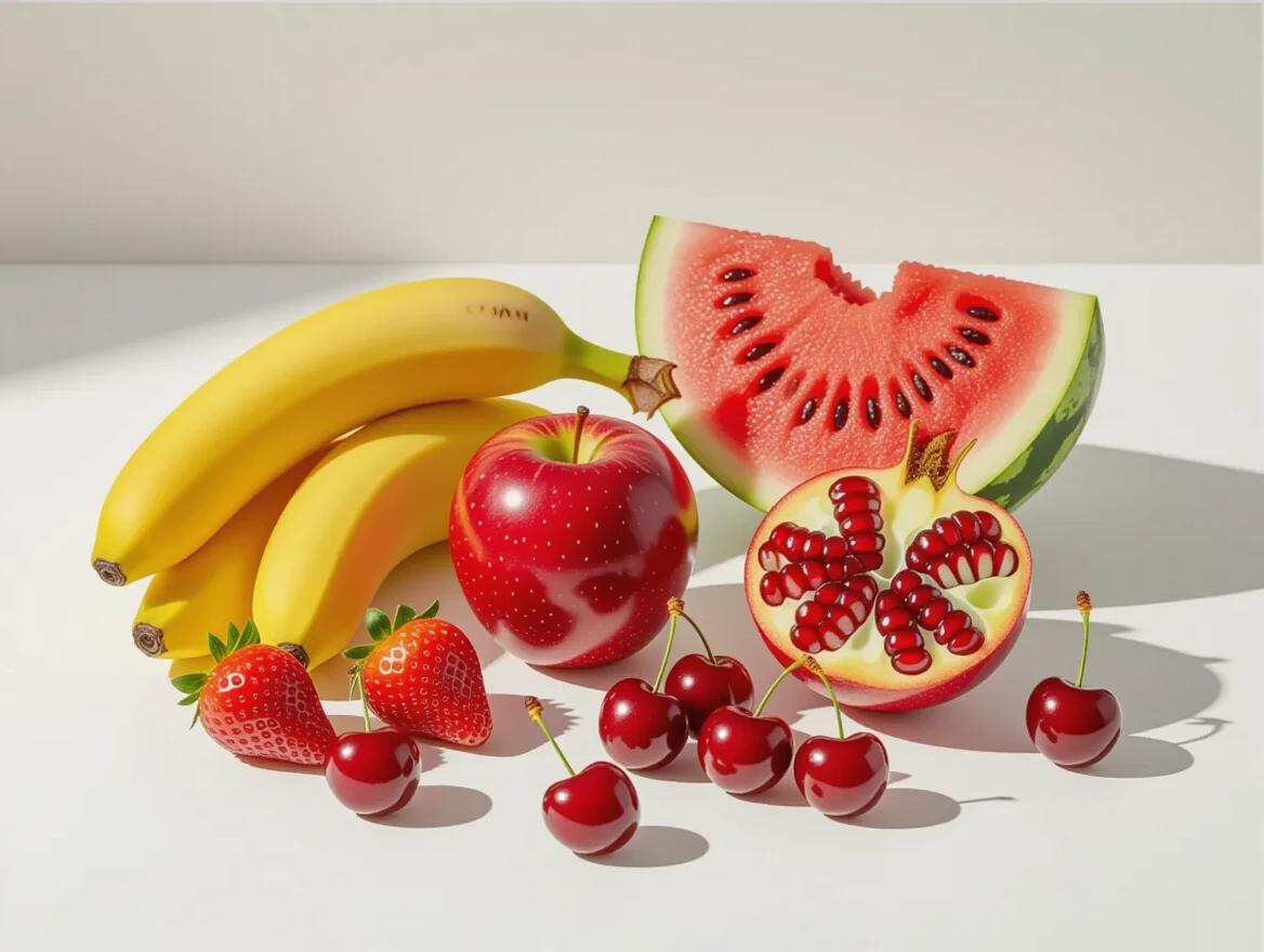 High-definition product photography-style still life of fresh fruits. Arrangement includes ripe strawberries, bananas, a red apple, watermelon cut in half, cherries, and a pomegranate split open. Soft and diffused lighting illuminates the colorful fruits on a clean surface. Subtle water droplets add to the fresh appearance.