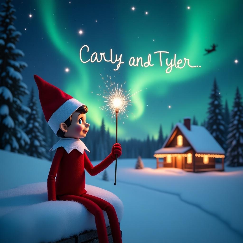 An adorable elf seated on snowy ledge gazes into starry sky holding a sparkly wand. The elf writes 'Carly and Tyler' in the air. The backdrop features northern lights and a cozy cabin with warm glow. Santa and sleigh are flying across the night sky.