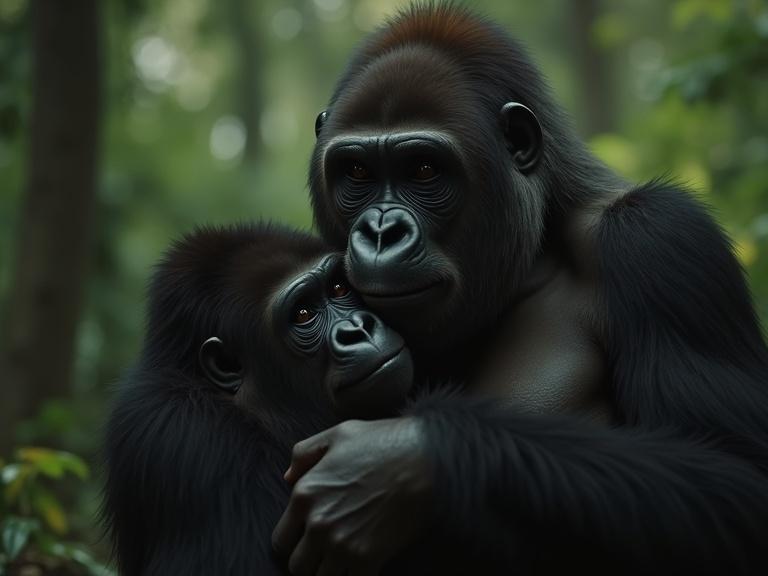 A gorilla rests her head on the chest of her caretaker. The caretaker holds the gorilla gently and expresses deep emotion. The setting is a jungle sanctuary with cinematic lighting.