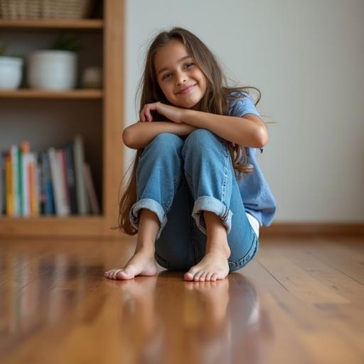 Smiling girl sitting on wooden floor wearing jeans. She is barefoot and relaxed. The setting has soft natural light. Reflection on the floor is visible.