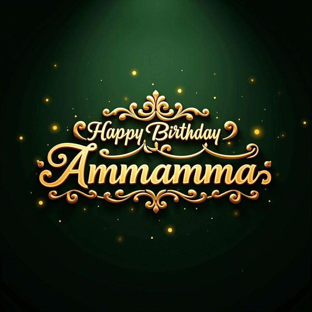 Richly embellished golden lettering saying Happy Birthday Ammamma against a dark green background with glowing particles