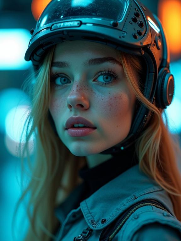 A photorealistic image in sci-fi style featuring a young woman in a cyberpunk setting. Skin is fair with freckles. Eyes are blue and expressive. Hair is long and light brown, under a metallic helmet. Helmet has a transparent visor glowing blue. The background is dark with blurred blue and white lights. Overall color scheme emphasizes blue and black.