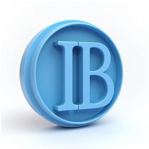 3D render of a circular stamp. Matte blue PLA plastic with visible layer lines. 'IB' monogram raised from center. T-bar handle on back for grip. Shown at 45-degree angle on white background.