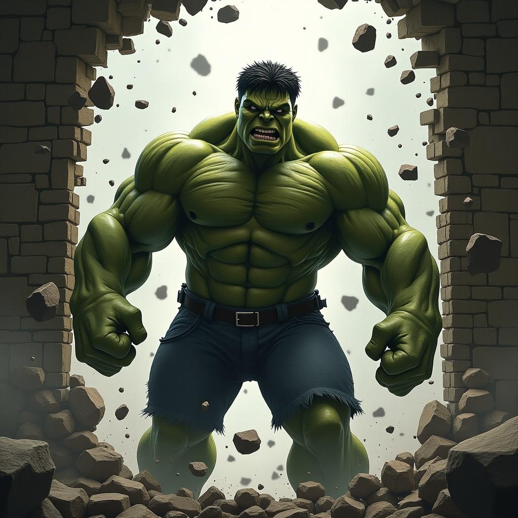 Hulk breaking through a wall with rocks blowing away. Intense scene showcasing power and strength.