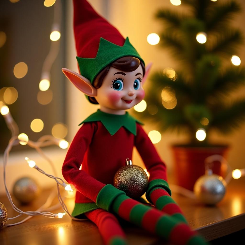 The image showcases a cheerful elf doll, commonly associated with Christmas, in a cozy indoor setting. Dressed in vibrant red and green attire, the elf features a pointed hat and a playful smile. Twinkling fairy lights surround the elf, enhancing the festive ambiance. A small Christmas tree can be spotted in the background. The elf holds a decorative ornament in its lap, adding to the holiday spirit. The warm lighting creates an inviting atmosphere, perfect for the season of joy and celebration.