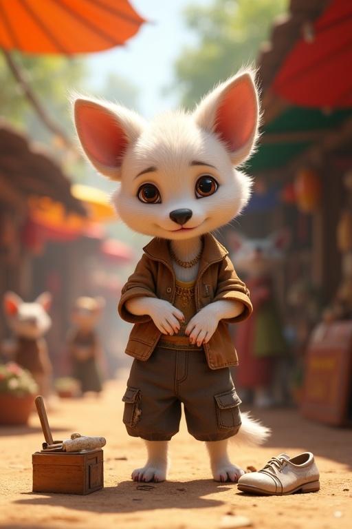 Energetic animated scene featuring Tuku, a small puppy. Tuku has soft white fur and wears a tattered brown shirt and torn pants. He stands on two legs, polishing a shiny shoe. Market stalls and anthropomorphic animals surround him. Bright colors fill the scene with cinematic lighting.