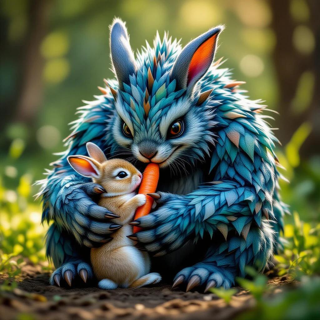 A kind-hearted monster cradles a tiny baby bunny. The monster feeds the bunny a small carrot. Scene is warm and loving. Colorful with high definition detail.