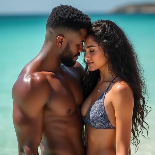 Photorealistic image of a couple on the beach. Man and woman in swimsuits are posing closely. Natural setting with ocean background.