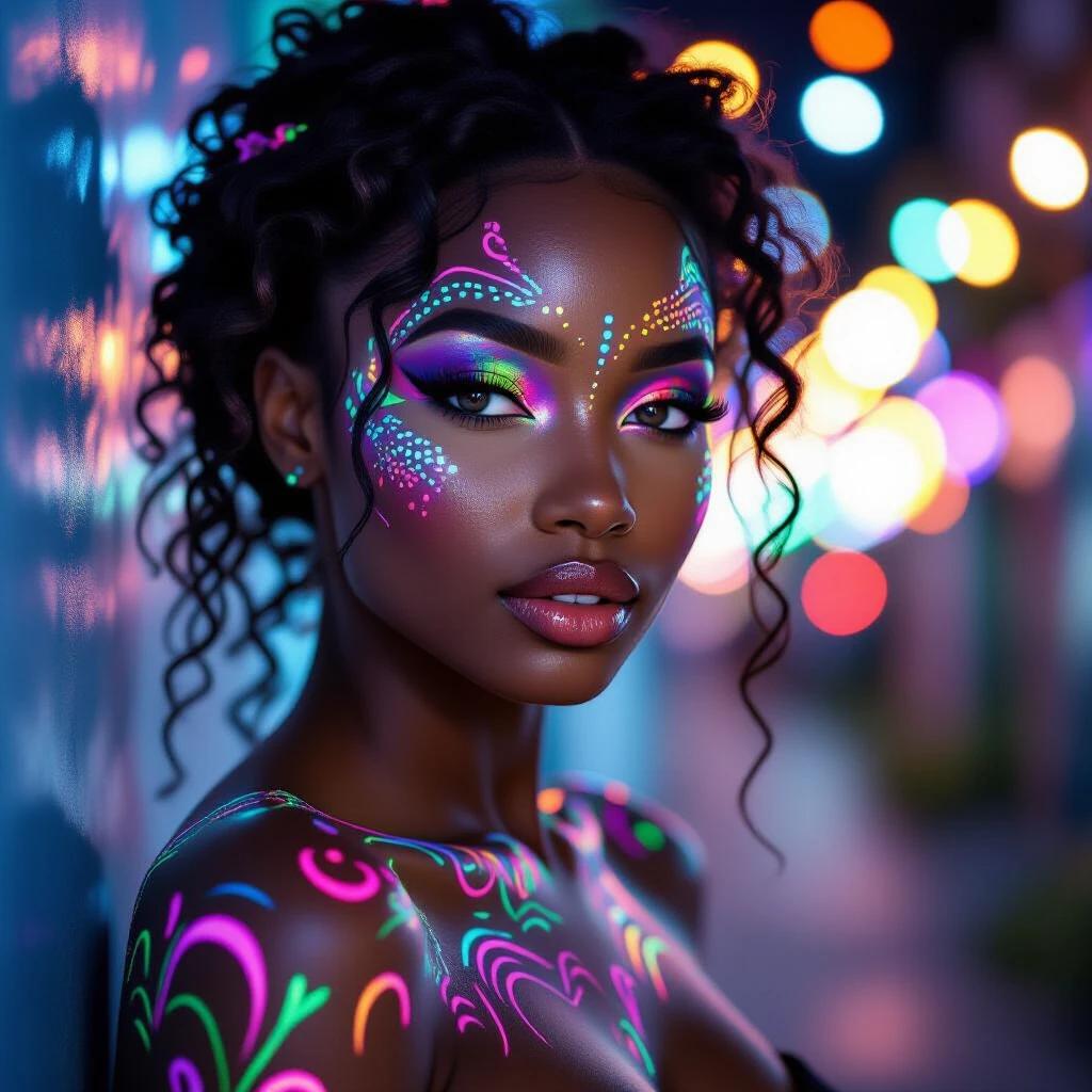 Artistic depiction of a young black woman with intricate body painting. Neon and fluorescent colors illuminate the skin. Background features soft glowing lights creating a lively atmosphere.