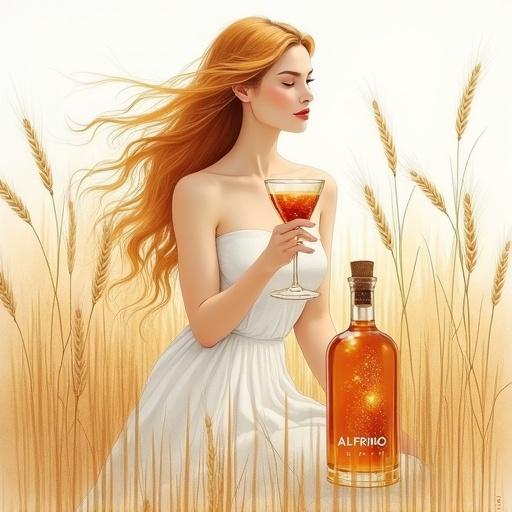 Minimalist ink and watercolor painting depicting a modern natural Venus goddess in a barley field. She has flowing golden-reddish hair and holds a cocktail glass at chest level. A shimmering apothecary bottle labeled 'ALFRUNO' is nearby. The style evokes simplicity and elegance with shades of gold, white, gray, and a touch of reddish-gold for the elixir.