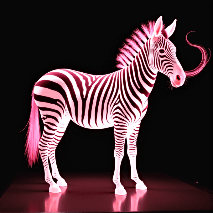 A zebra with pink glowing stripes and mane stands in a dark background.