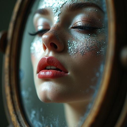 Tarnished vanity mirror with silver oxidation showing lipstick traces. Mirror has a blurred quality while reflecting faint colors and outlines. The image captures the essence of beauty in decay.