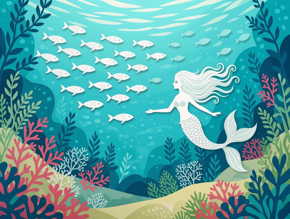 An enchanted underwater scene created from layered paper cuts with a paper mermaid and schools of fish. Coral reefs of intricate paper filigree and flowing seaweed as cut paper ribbons. Sunlight filtering through water rendered as translucent layers. The style combines shadow puppet animation and intricate paper cutting.