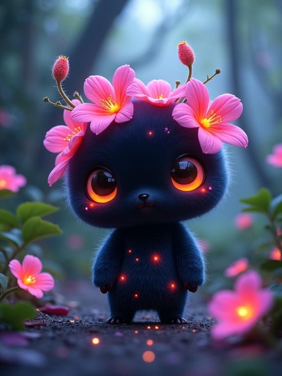 Image of small animated creature with a whimsical design in vibrant forest. The creature has round black face and large glowing orange eyes. Body covered in dark blue-black fluffy fur with glowing specks. Head adorned with pink flower crown. Background features lush forest with pink and purple flowers and glowing lights.