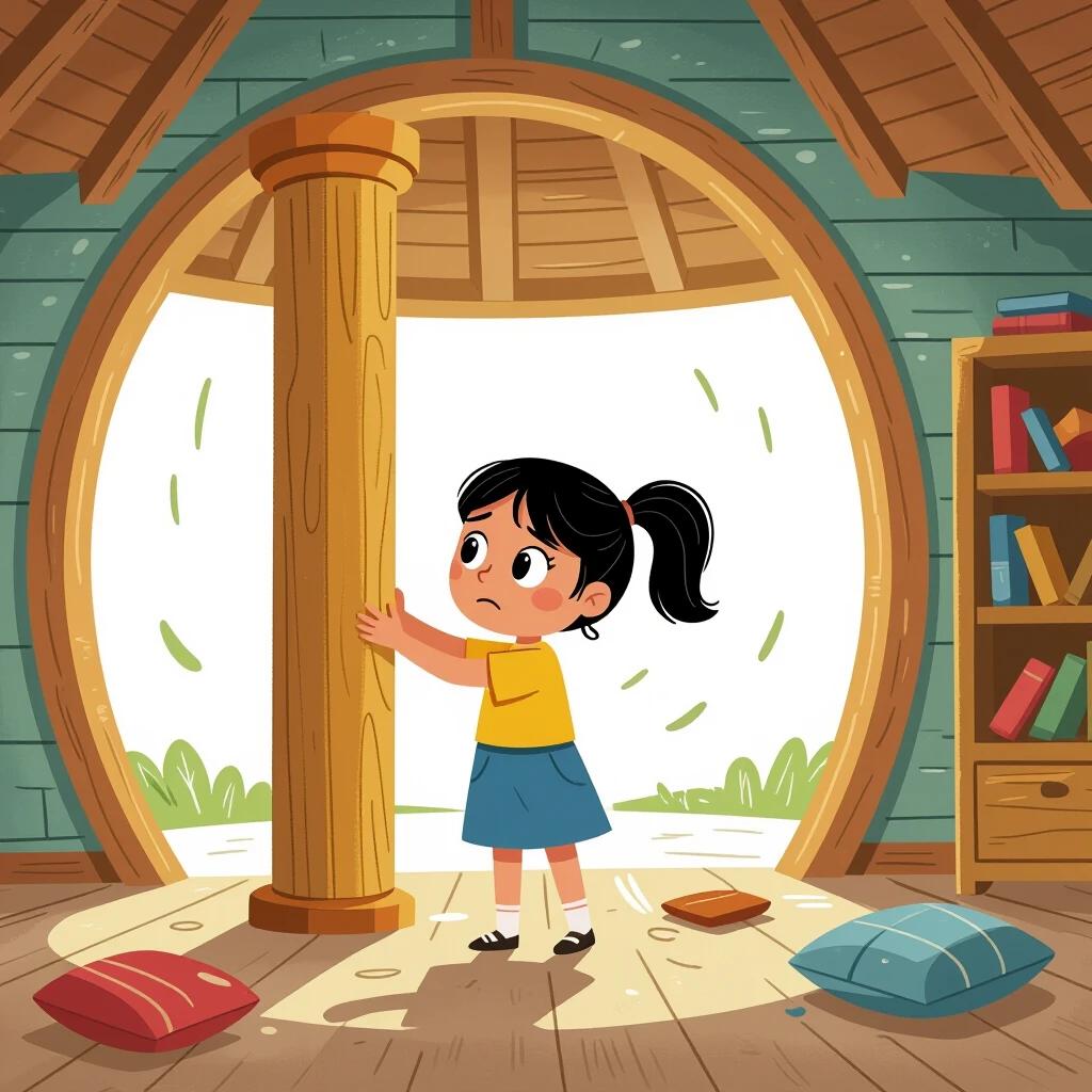 A cartoon illustration of a girl named Layla holding a wooden column. She looks confused and emotional. The house is circular with missing columns. The background is a white void representing instability. Layla is a young girl with short black hair in a ponytail wearing a pink dress with polka dots and white shoes. A faint figure of her grandmother appears in the background wearing a hijab. The scene has a warm, dreamlike feel with soft lines and child-friendly details.
