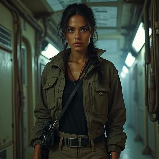 Photorealistic image of a young female war correspondent standing in a dimly lit corridor of a spaceship. She has a determined expression and sharp eyes. Dark hair in a braid, wearing a functional retro-futuristic jacket and durable pants. A camera slung over her shoulder and a datapad in her pocket. Alert posture in an industrial interior with exposed wires and flickering lights.