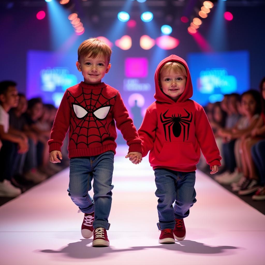 Two toddlers walk down a fashion runway. Each toddler wears Spider-Man themed outfits. One wears a red sweater with Spider-Man graphics. The other wears a red hoodie with a spider logo. The runway is vibrant with colorful lights. Spectators fill the background, emphasizing the fashion show atmosphere.