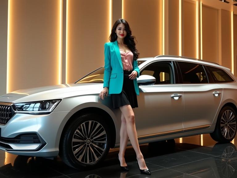 Full-body photorealistic image inside a car showroom. Vivid ambient beige walls lined with vertical LED light strips and glossy black tiled floor. Parked silver estate car. Glamorous young mid-20s Chinese car saleswoman standing next to the car. She has long wavy black hair. She is wearing a button-up blush-pink chiffon blouse and a black knee-length skirt. Turquoise blazer draped over her shoulders. She wears sheer black pantyhose and black closed-toe heels. Styled luxurious and dramatic atmosphere with perfect lighting.
