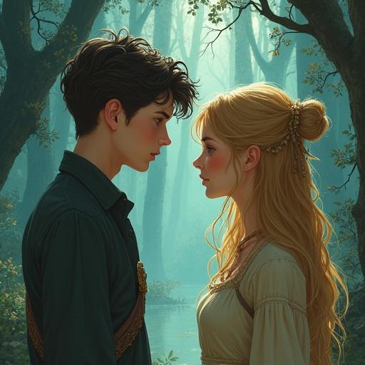 Semi-realistic illustration of a young man gazing at a golden-haired woman in a fantasy world.