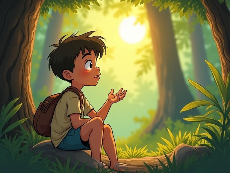 A cartoon scene with a little boy in a forest. He is around seven years old with innocent features and wide eyes. He wears a simple shirt and shorts with a small bag on his back. The boy sits on a rock near a tree, sun rays reaching his hand. He closes his eyes, enjoying the moment.