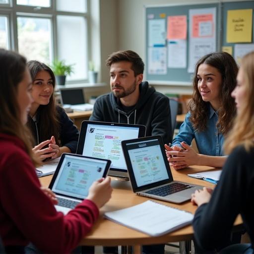 Diverse teenage students engaged in a discussion circle. Debating ethical implications of AI. Digital screens display examples of algorithmic bias. Notebooks feature mind maps linking tech decisions to social outcomes. Classroom posters ask questions like 'Who benefits?' and 'Who might be harmed?'. Natural lighting highlights their engaged expressions. Photojournalistic style capturing an authentic moment of ethical reflection.