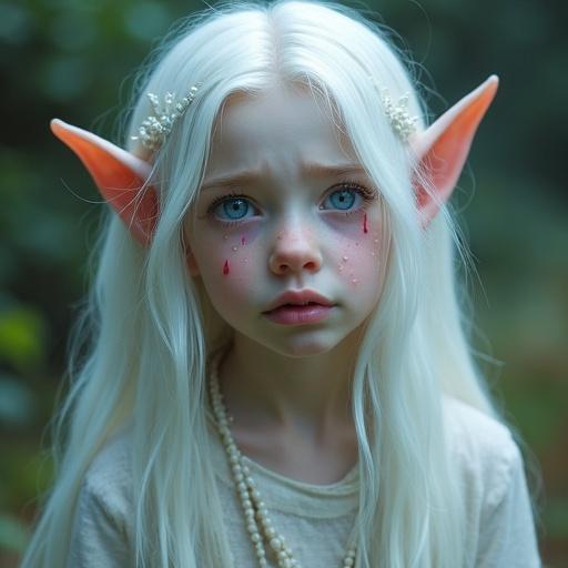 Pale girl with white hair and blue eyes crying. Tears on her cheeks. Elf ears are prominent. Soft focus background with greens for contrast.