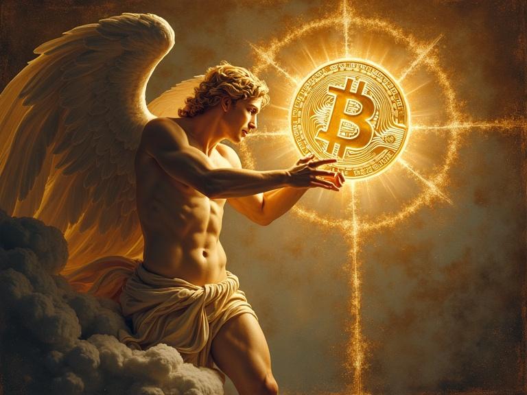 Dramatic T-shirt design with a Renaissance-style angel reaching towards a Bitcoin symbol. Realistic anatomy and marble textures. Divine light radiating from Bitcoin. Classical fresco background.