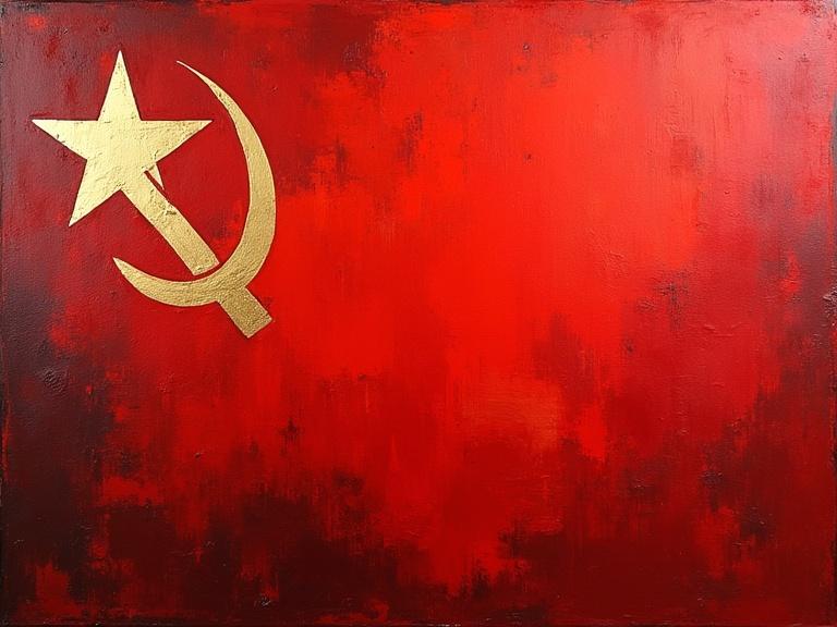 An abstract oil painting featuring the flag of the Soviet Union. The background is a rich red with varying textures. The emblem of a golden hammer and sickle stands out prominently on the left side.