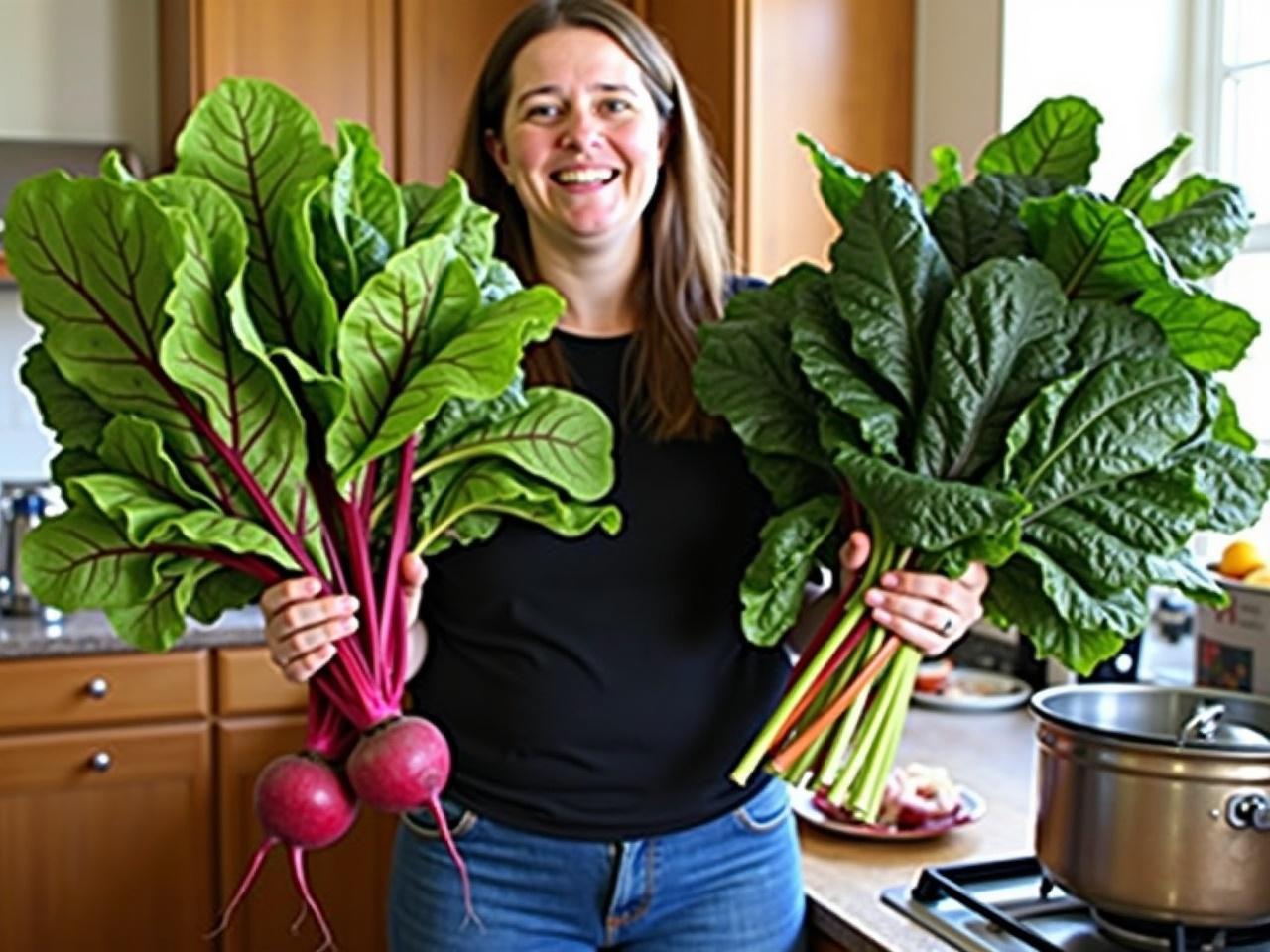 The image features a person holding a large bunch of leafy greens in each hand. On the left, there are vibrant green leaves with reddish stems, possibly beets. On the right, there are large, dark green leaves that appear to be Swiss chard or similar leafy vegetables. The person is smiling and seems happy to display their harvest. The background includes a kitchen setting with various items visible, such as a pot and a bowl of fruits. Natural light is coming through a window, creating a warm and inviting atmosphere.