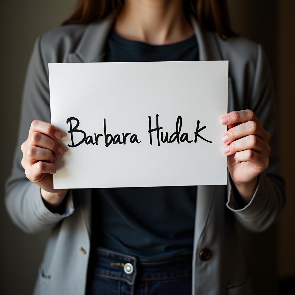 A person is holding a piece of paper with a handwritten name. Only the waist to feet is visible. The paper shows the name 'Barbara Hudak'. The right arm and hand are fully visible.