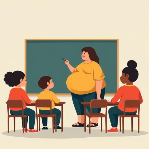 Minimalist flat vector illustration of a teacher in a classroom setting with children seated at desks. The teacher has diverse body types including chubby and rounded. Characters display exaggerated silhouettes with playful postures. Simplified clothing in muted colors. Non-realistic design.